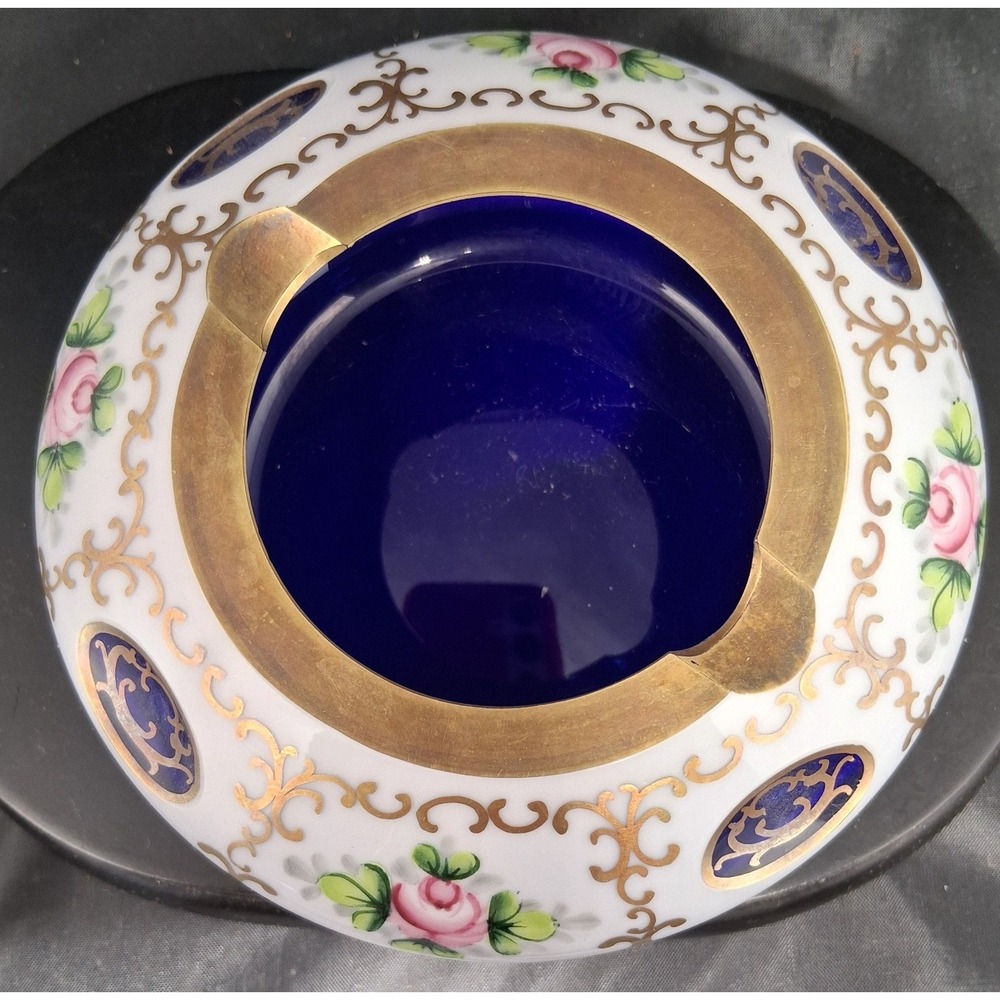 Vintage Porcelain Ashtray Cobalt Blue Gold Gilt Hand Painted Floral Roses Brass